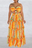 Green Sexy Casual Striped Print Backless Strapless Sleeveless Two Pieces