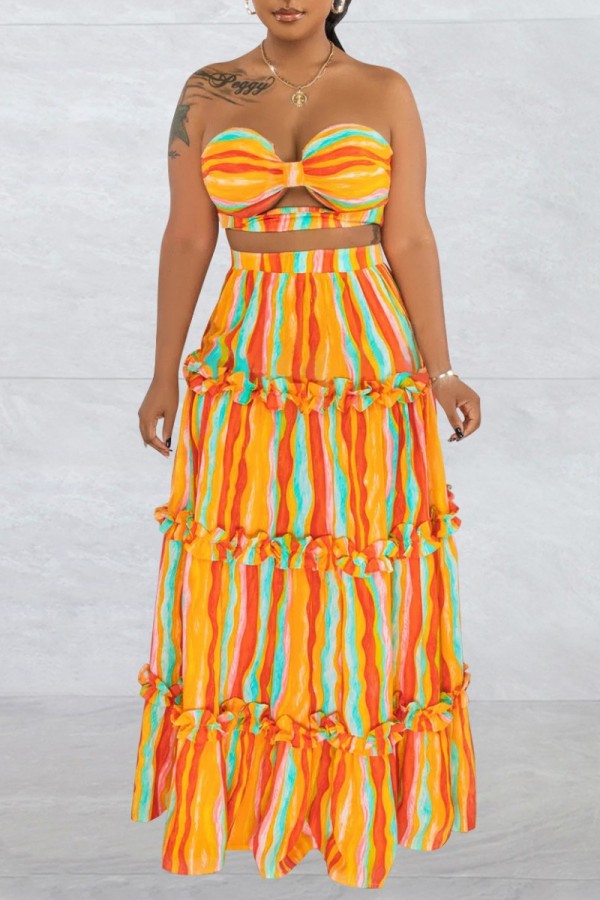 Orange Sexy Casual Striped Print Backless Strapless Sleeveless Two Pieces