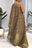 Leopard Print Casual Daily Celebrities Elegant Leopard Printing One Shoulder Regular Jumpsuits(bronzing)