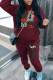 Burgundy Casual Street Print Patchwork Hooded Collar Long Sleeve Two Pieces