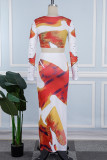 Orange Casual Print Basic O Neck Short Sleeve Two Pieces