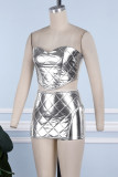 Silver Sexy Casual Solid Backless Strapless Sleeveless Two Pieces
