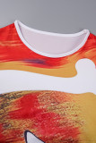 Orange Casual Print Basic O Neck Short Sleeve Two Pieces