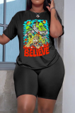 Black Daily Vintage Print Patchwork Letter O Neck T-Shirts