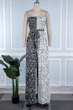 Black And White Casual Print Patchwork Backless Strapless Regular Jumpsuits