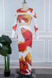 Orange Casual Print Basic O Neck Short Sleeve Two Pieces