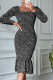 Black Fashion Casual Print Patchwork Square Collar Long Sleeve Dresses