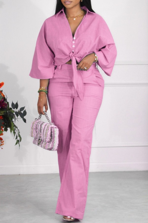Pink Casual Solid Patchwork V Neck Long Sleeve Two Pieces