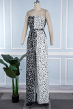 Black And White Casual Print Patchwork Backless Strapless Regular Jumpsuits