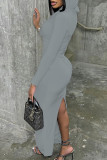 Grey Casual Solid Patchwork Hooded Collar One Step Skirt Dresses