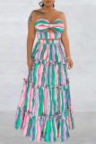 Green Sexy Casual Striped Print Backless Strapless Sleeveless Two Pieces