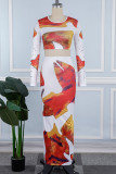 Orange Casual Print Basic O Neck Short Sleeve Two Pieces