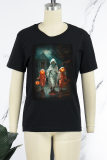 Black Street Print Patchwork O Neck T-Shirts