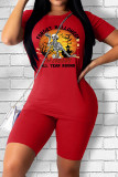 Red Casual Street Skull Head Letter Patchwork Printing O Neck Short Sleeve Two Pieces