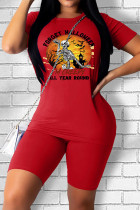 Red Casual Street Skull Head Letter Patchwork Printing O Neck Short Sleeve Two Pieces