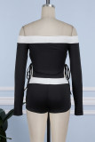 Black Casual Solid Bandage Patchwork Contrast Off the Shoulder Long Sleeve Two Pieces