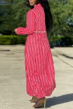 Red Casual Striped Print Cardigan Outerwear (Without Belt)