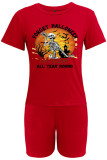 Red Casual Street Skull Head Letter Patchwork Printing O Neck Short Sleeve Two Pieces