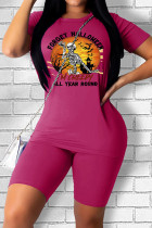 Rose Red Casual Street Skull Head Letter Patchwork Printing O Neck Short Sleeve Two Pieces