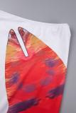 Orange Casual Print Basic O Neck Short Sleeve Two Pieces