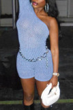 Blue Sexy Street Solid Patchwork Backless Without Belt One Shoulder Skinny Rompers