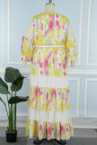 Yellow Elegant Print Patchwork With Belt O Neck Cake Skirt Dresses