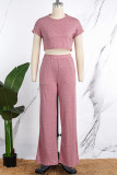 Pink Casual Solid Basic O Neck Short Sleeve Two Pieces