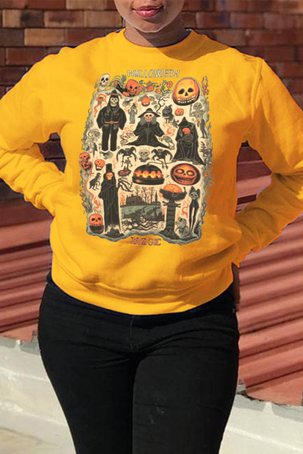 Yellow Daily Party Print Skull Patchwork O Neck Tops