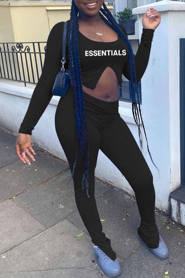 Black Casual Street Print Letter U Neck Long Sleeve Two Pieces