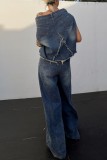 Blue Casual Solid Patchwork Asymmetrical Sleeveless Two Pieces