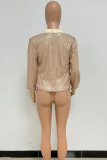 Pink Gold Sexy Casual Celebrities Solid Sequins Patchwork Fold V Neck Tops