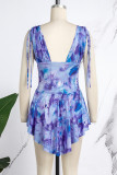 Blue Casual Print Fold V Neck Sleeveless Dress Dresses