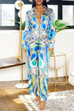 Red Vintage Print Patchwork V Neck Straight Jumpsuits
