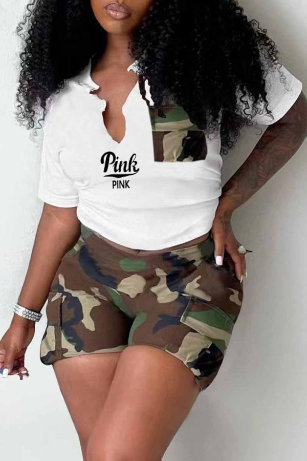 White Casual Print Letter V Neck Short Sleeve Two Pieces