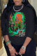 Black Street Vintage Print Skull Patchwork O Neck Tops
