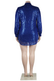 Blue Casual Patchwork Sequins Shirt Collar Shirt Dress Dresses