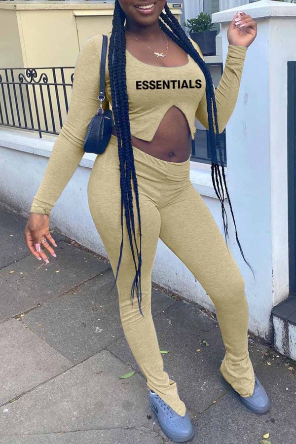 Yellow Casual Street Print Letter U Neck Long Sleeve Two Pieces