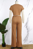 Pink Casual Solid Basic O Neck Short Sleeve Two Pieces