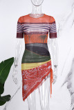 Brown Casual Print Hollowed Out Asymmetrical O Neck Short Sleeve Dress