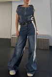 Blue Casual Solid Patchwork Asymmetrical Sleeveless Two Pieces