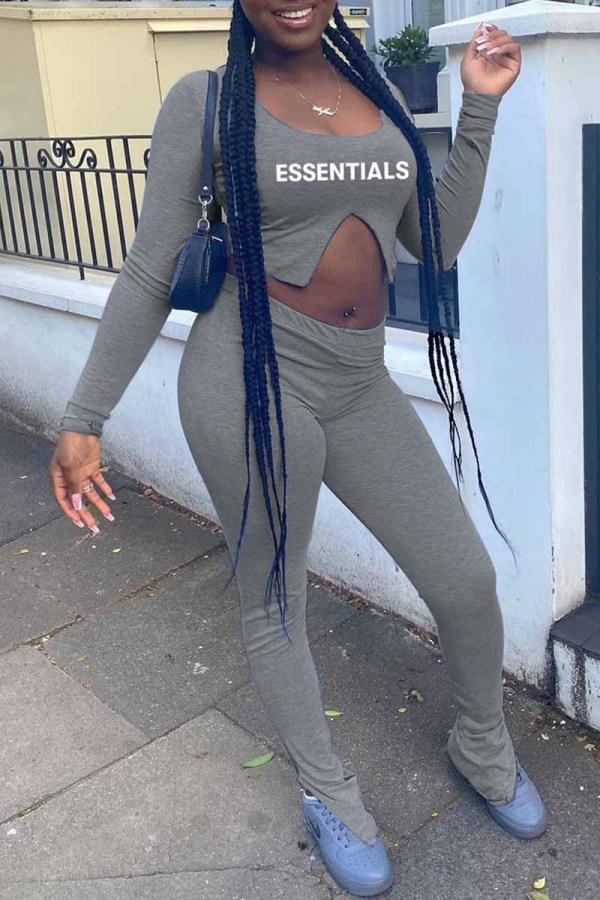 Grey Casual Street Print Letter U Neck Long Sleeve Two Pieces