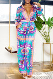 Red Vintage Print Patchwork V Neck Straight Jumpsuits