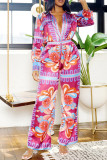 Red Vintage Print Patchwork V Neck Straight Jumpsuits