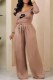 Light Brown Casual Print Letter U Neck Long Sleeve Two Pieces