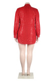 Red Casual Patchwork Sequins Shirt Collar Shirt Dress Dresses