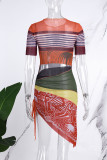 Brown Casual Print Hollowed Out Asymmetrical O Neck Short Sleeve Dress