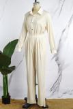Cream White Casual Solid Patchwork Turndown Collar Long Sleeve Two Pieces (Without Waist Chain)