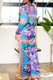 Red Vintage Print Patchwork V Neck Straight Jumpsuits