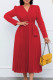 Red Casual Solid Frenulum Pleated V Neck Long Sleeve Dresses