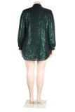 Ink Green Casual Patchwork Sequins Shirt Collar Shirt Dress Dresses